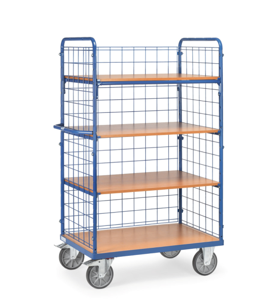Etagenwagen 600 kg, mit 4 B&ouml;den aus Holz und 3 Drahtgitterw&auml;nden