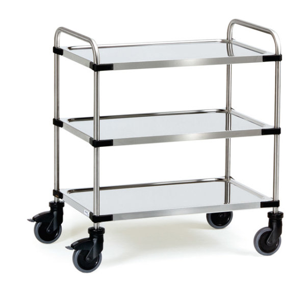 Edelstahlwagen 150 kg, mit Rohrschiebeb&uuml;gel und 3 B&ouml;den