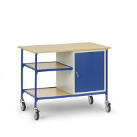 Rolltisch 150 kg - mit 2 B&ouml;den aus Holz und 1 Stahlschrank