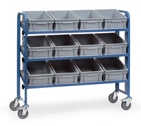 Montagewagen 250 kg, mit 3 neigbaren B&ouml;den 1240 x 415 mm aus Holz und K&auml;sten